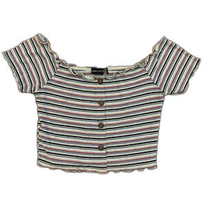 Striped Stretchy Knit Ribbed Off the Shoulder Crop Top Women’s Size Large